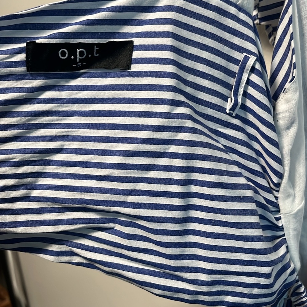 O.P.T. Stella Blue and White Stripped Tiered Ruffle Midi Dress, Seersucker, Size - Picture 12 of 13